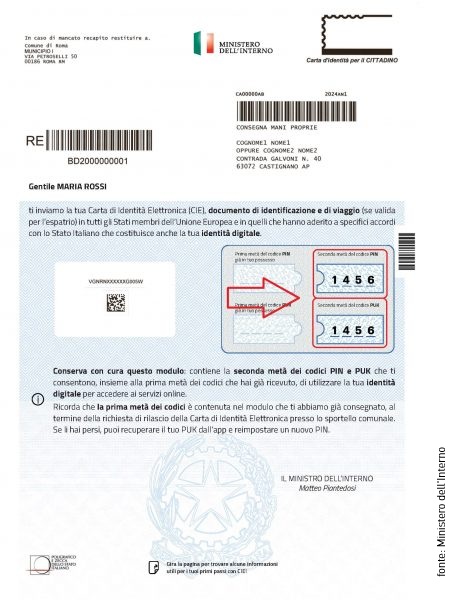 Pin e Puk della CIE spediti per posta